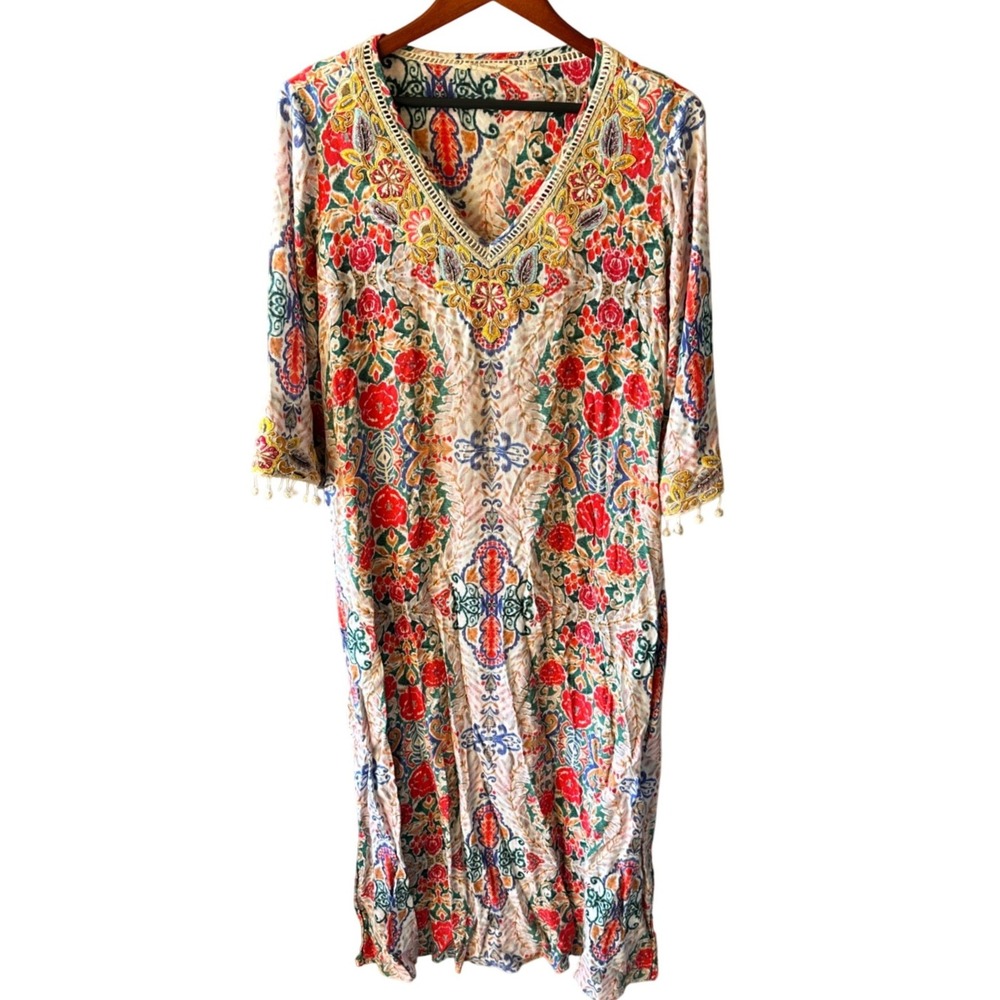Soft Surroundings Ipanema Embroider Bead Boho Maxi Dress Colorful Paisley Tassel